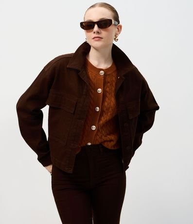 Campera en Sarga Acanalada con Cuello Padre y Bolsillos Delanteros