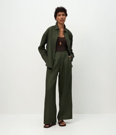 Pantalón Recto en Lino con Cintura Elástica