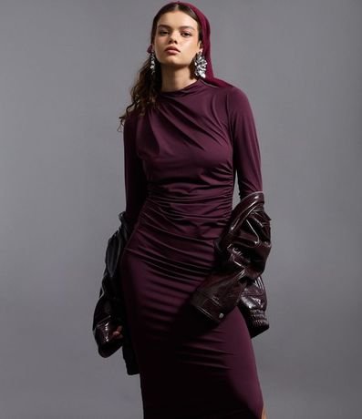 Vestido Midi Manga Larga con Pliegues en el Hombro 5