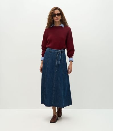 Pollera Evasê en Jeans con Cinturón y Recortes Longos