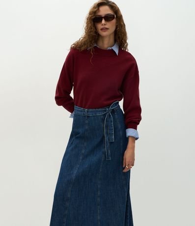 Pollera Evasê en Jeans con Cinturón y Recortes Longos 2