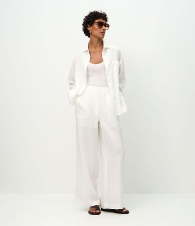 Pantalón Recto en Lino con Cintura Elástica y Bolsillos