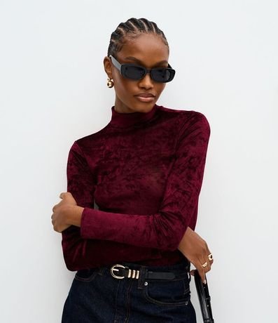 Blusa Manga Larga en Tule Atercipelado con Cuello Alto
