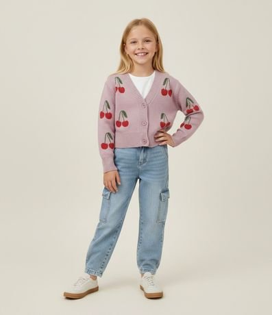 Cardigan Rectilínea Jacquard Estampa de Cereza - Talle 5 a 14 años