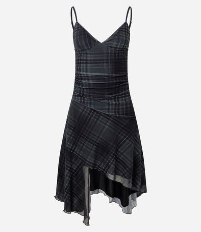 Vestido Midi Bretel Fino en Tule de Cuadros con Ruedo Asimétrico