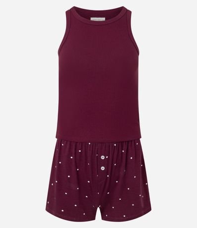 Pijama Femenina Corto de 2 Piezas en Rib con Lunares