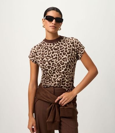 Remera Regular en Punto con Cuello alto y Estampado Animal Print