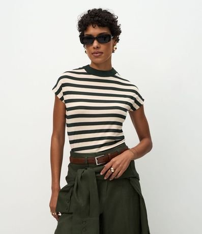 Remera en Punto con Estampa Rayada y Cuello Alto