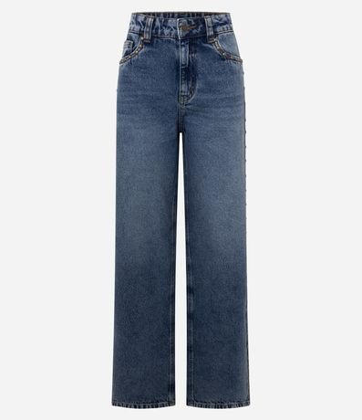 Pantalón Wide en Jeans con Tachuelas Laterales y Cintura Mediana