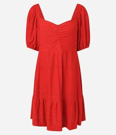 Vestido corto en Laise con Manga Abullonada y Bordado cutout