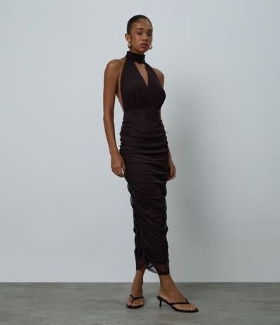 Vestido Midi Halter en Tule con Escote Traspasado