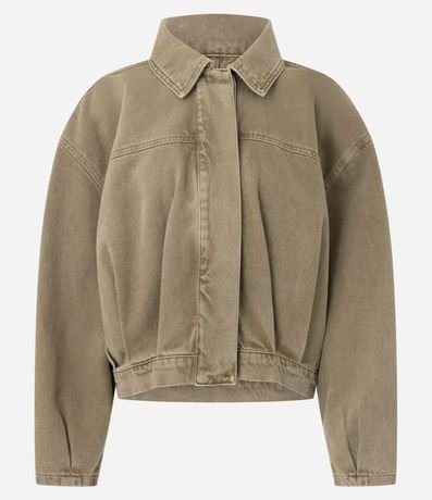 Campera Bomber en Jeans con Pliegues y Cuello Polo
