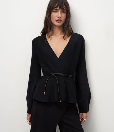 Cardigan en Tricot con Bajo Peplum y Cinturón
