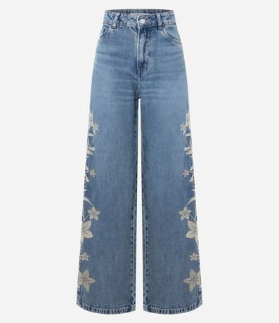 Pantalón Wide en Algodón con Bordado Floral Lateral
