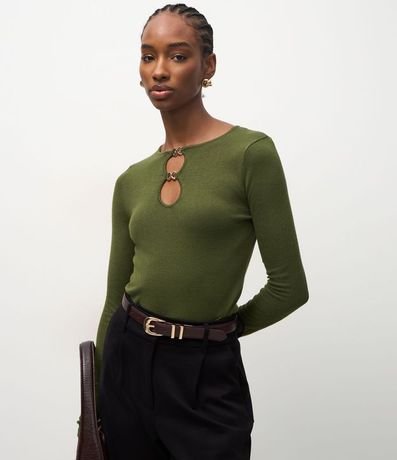 Blusa Regular en Punto con Adorno en el Escote