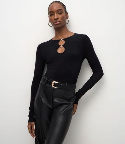 Blusa Regular en Punto con Adorno en el Escote