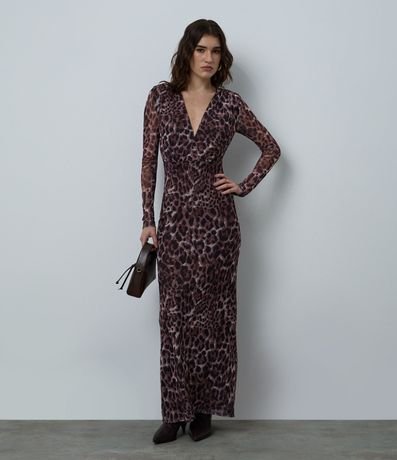 Vestido Animal Print en Tule con Manga Larga