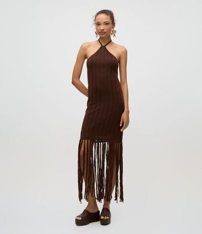 Vestido en Tricot con Punto Calado y Flecos