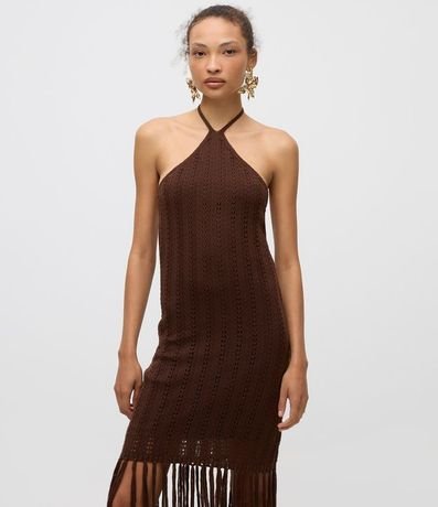 Vestido en Tricot con Punto Calado y Flecos 2
