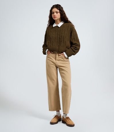 Pantalón Recto Cropped en Sarga con Trabillas en la Cintura