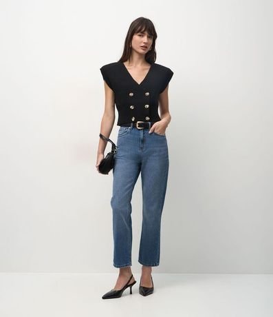 Pantalón Recto Cropped en Jeans con Cintura Alta