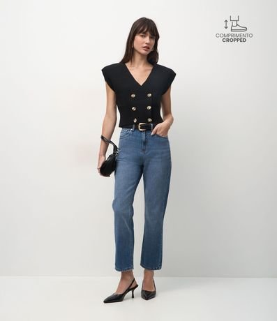 Pantalón Recto Cropped en Jeans con Cintura Alta