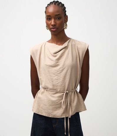 Blusa Manga Corta en Crepé con Escote Degagê y Lazo