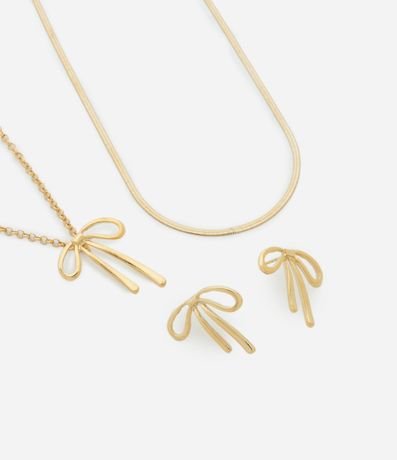 Conjunto Collar y Caravana en Metal con Colgante de Lazo en Light Gold