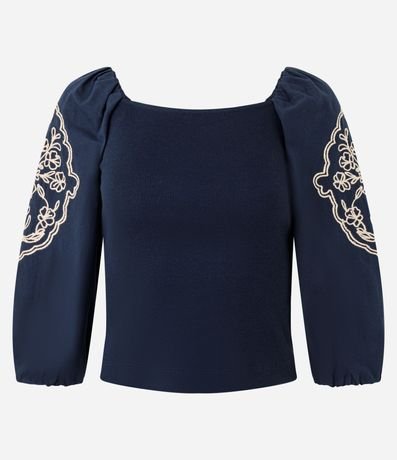 Blusa Manga Larga Abullonada con Bordado de Follaje 4