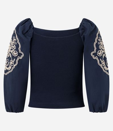 Blusa Manga Larga Abullonada con Bordado de Follaje 7