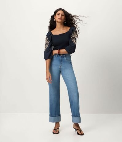 Blusa Manga Larga Abullonada con Bordado de Follaje 2