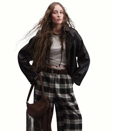 Pantalón Wide Leg Sastre con Estampa de Cuadros