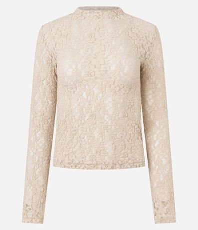 Blusa Segunda Pele en Encaje Texturizada con Manga Larga