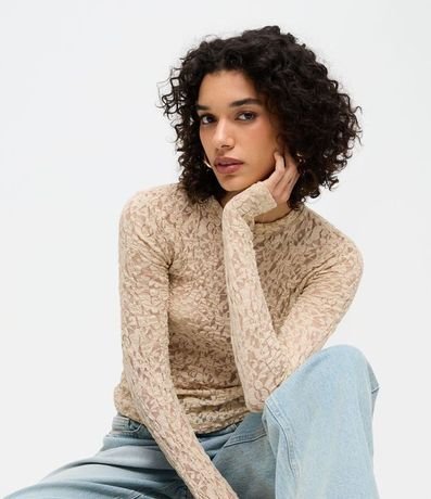Blusa Segunda Pele en Encaje Texturizada con Manga Larga