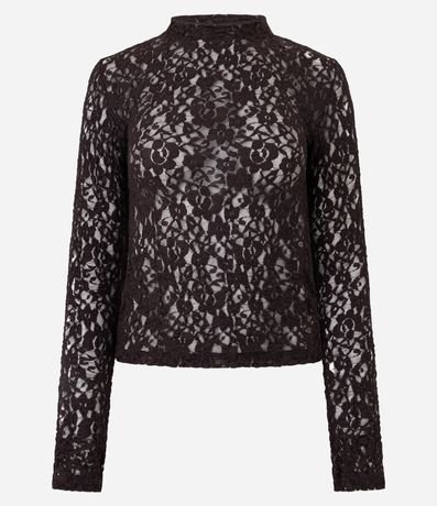 Blusa Segunda Pele en Encaje Texturizada con Manga Larga