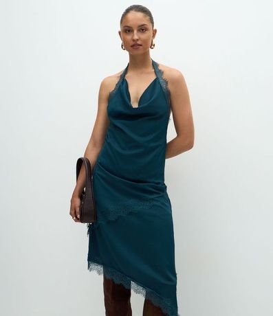 Pollera Midi Satinada con Ruedo Asimétrico y Encaje Aplicado 2