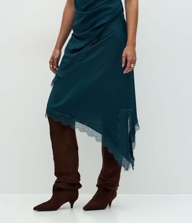 Pollera Midi Satinada con Ruedo Asimétrico y Encaje Aplicado 3