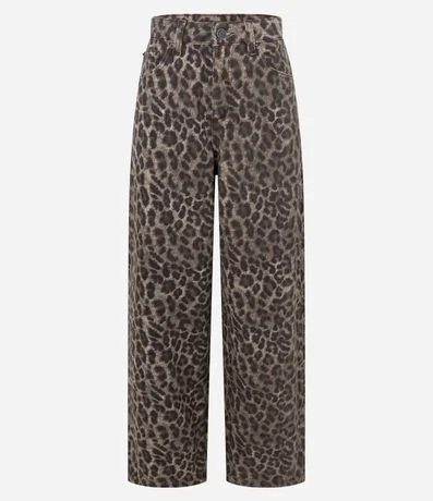 Pantalón Baggy en Sarga con Cintura Mediana y Estampa de Animal Print