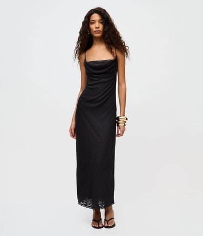 Vestido Midi en Tule con Encaje y Escote Degagê