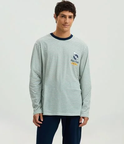 Pijama Largo en Algodón Listrado con Estampado Snoopy y Pantalón de Pijama 2