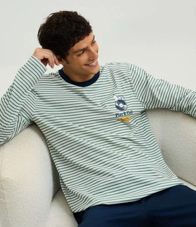 Pijama Largo en Algodón Listrado con Estampado Snoopy y Pantalón de Pijama 4