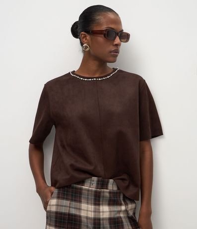 Remera Regular en Gamuza con Brillo en el Cuello