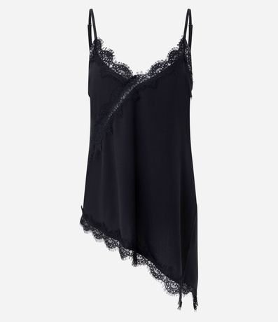 Blusa sin Manga en Viscosa con Encaje y Bajo Asimétrica