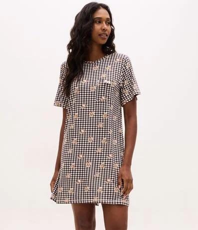 Camisón Corto en Viscolycra con Estampado de Cuadros Vichy y Ositos.