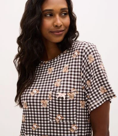 Camisón Corto en Viscolycra con Estampado de Cuadros Vichy y Ositos. 2