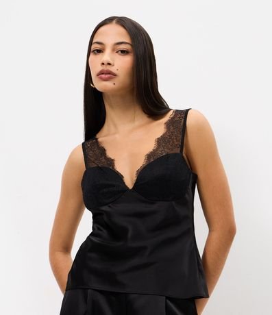 Blusa de Bretel Fino en Satén con Encaje en Asas y Escote Corazón