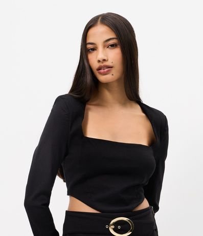 Blusa Manga Larga en Bengalina con Escote Cuadrado y Ruedo en V