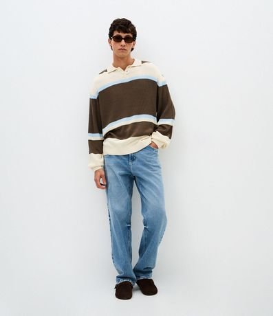 Suéter Masculino Rectilínea Listrado con Cuello Polo 2