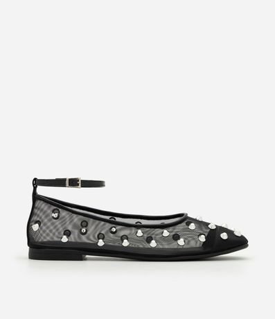 Zapatilla de Tela con Punta Cuadrada y Aplicación de Piedritas
