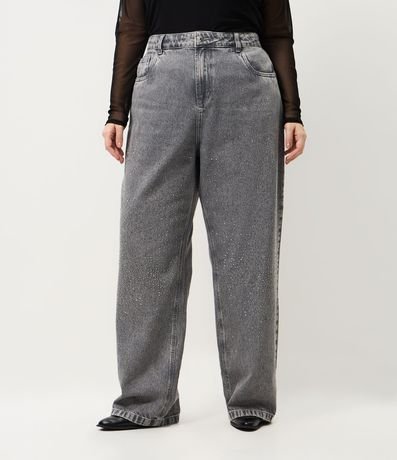 Pantalón de Jean Recto Cinza con Brillos Curve & Plus Size 2